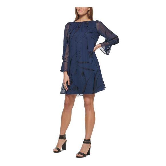 DKNY Dresses & Skirts - DKNY Womens Navy Lined Long Sleeve Above The Knee Cocktail Trapeze Dress 2
